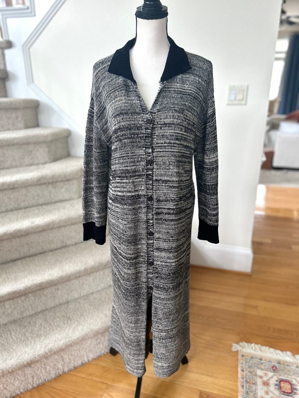 Cousin Johnny Black Marled Knit Long Sleeve Button Down Maxi Sweater Dress
